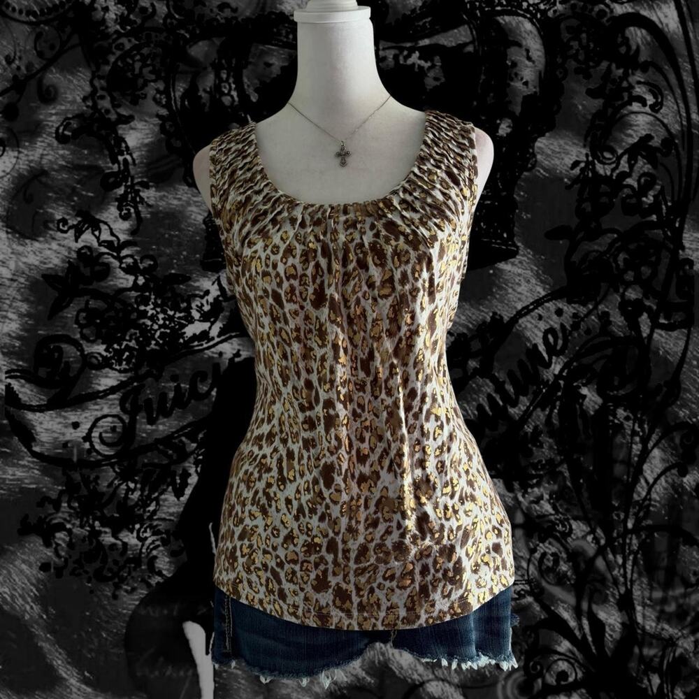 white brown metallic gold accent leopard print sleeveless glam top
